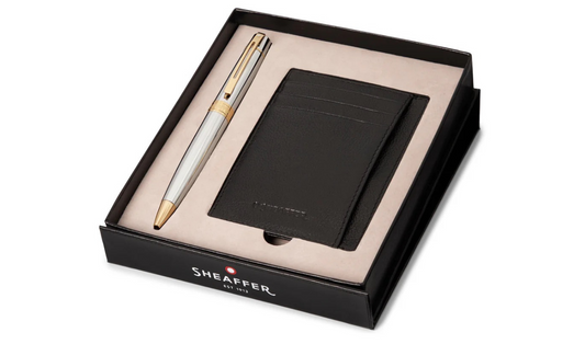 Sheaffer Gift Set ft. Bright Chrome 300 Ballpoint Pen with Gold Trims and Credit Card Holder