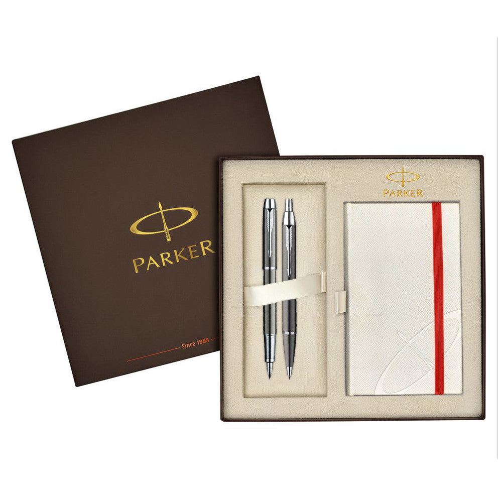 Parker IM Gunmetal Fountain and Ballpoint Pen Set (Includes Free White Notebook)