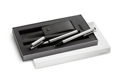 Logo Stainless Steel Ball Pen + Fountain Pen and Leather Pouch Set